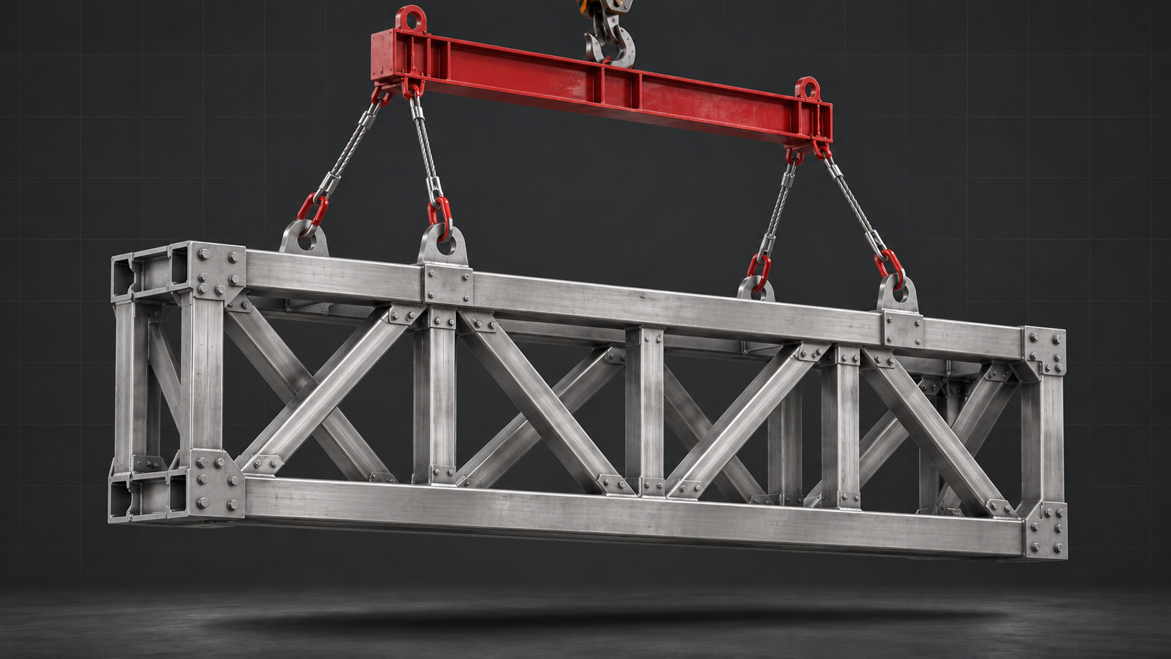 Illustration of structural steelwork suspended beneath a red lifting beam
