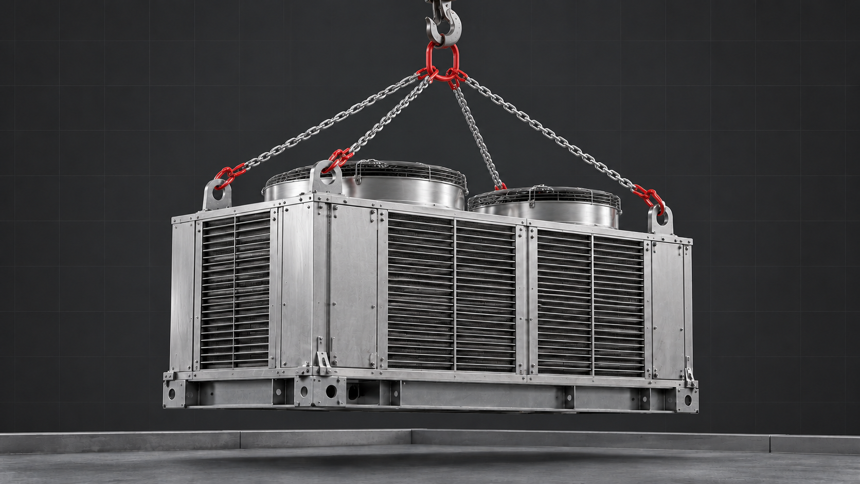 Illustration of a rooftop air conditioning unit lifted with slings connected directly to one crane hook