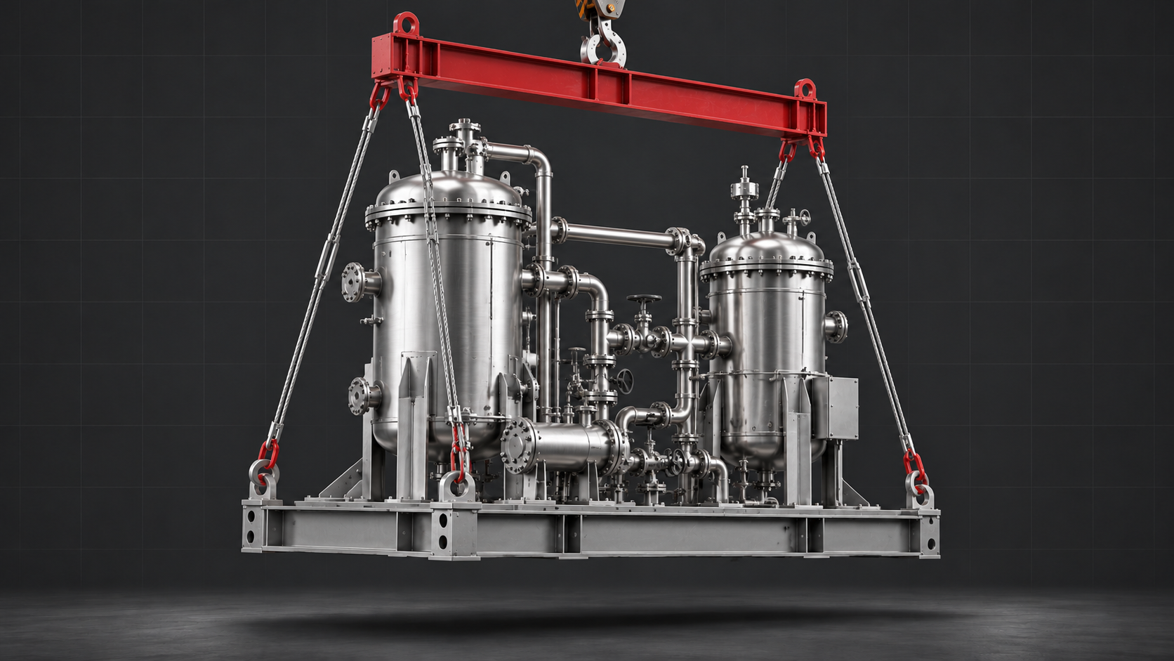 Illustration of industrial vessels and pipework on a suspended process skid