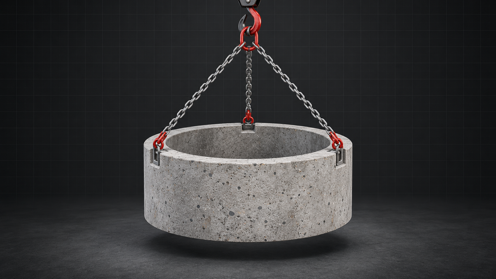 Illustration of a precast concrete drainage chamber lifted by three chains connected directly to one crane hook