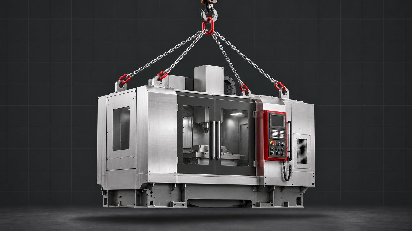 Illustration of a silver CNC machine lifted with slings connected directly to one crane hook
