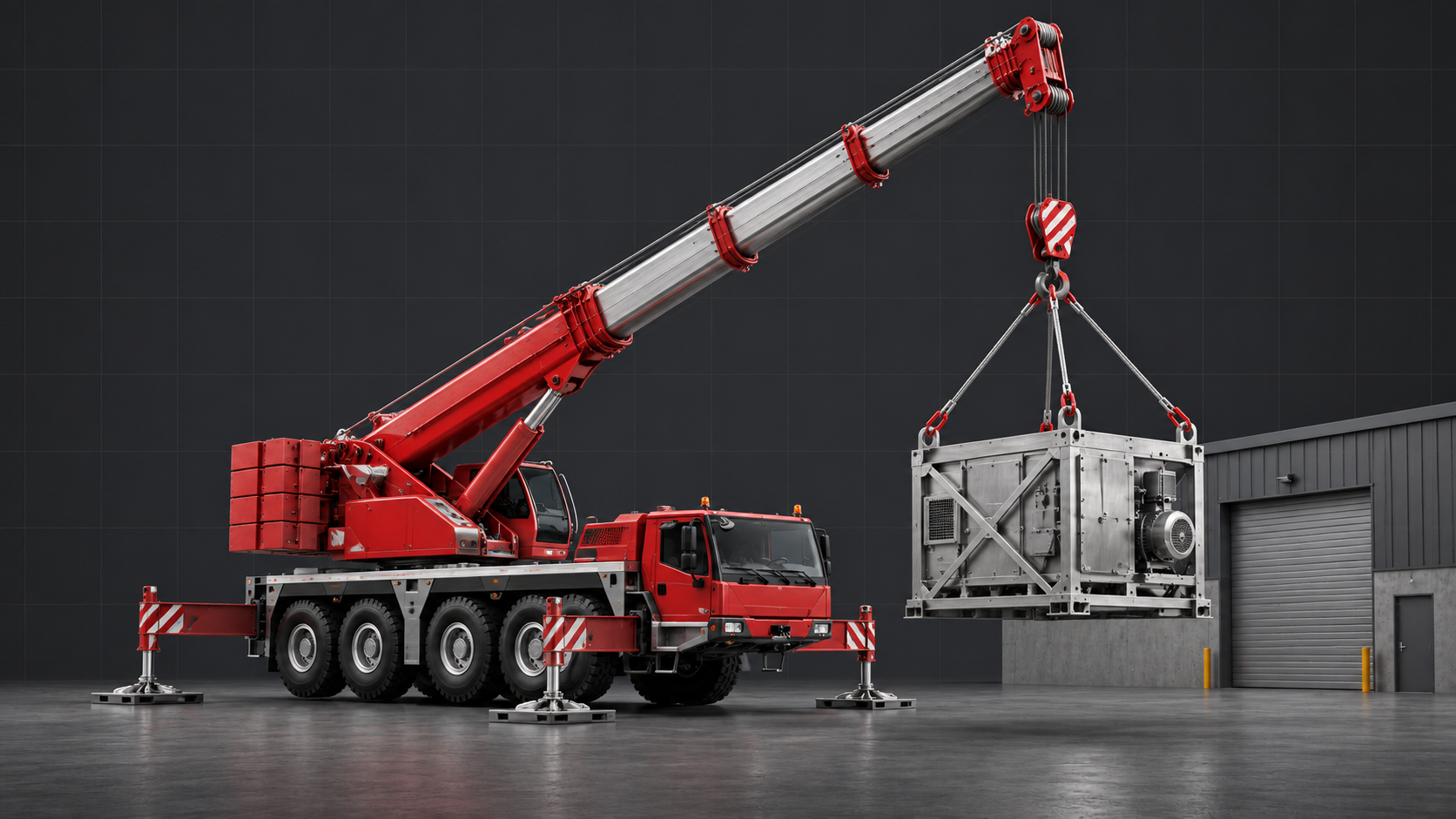 Illustration of a red mobile crane lifting industrial equipment at a site