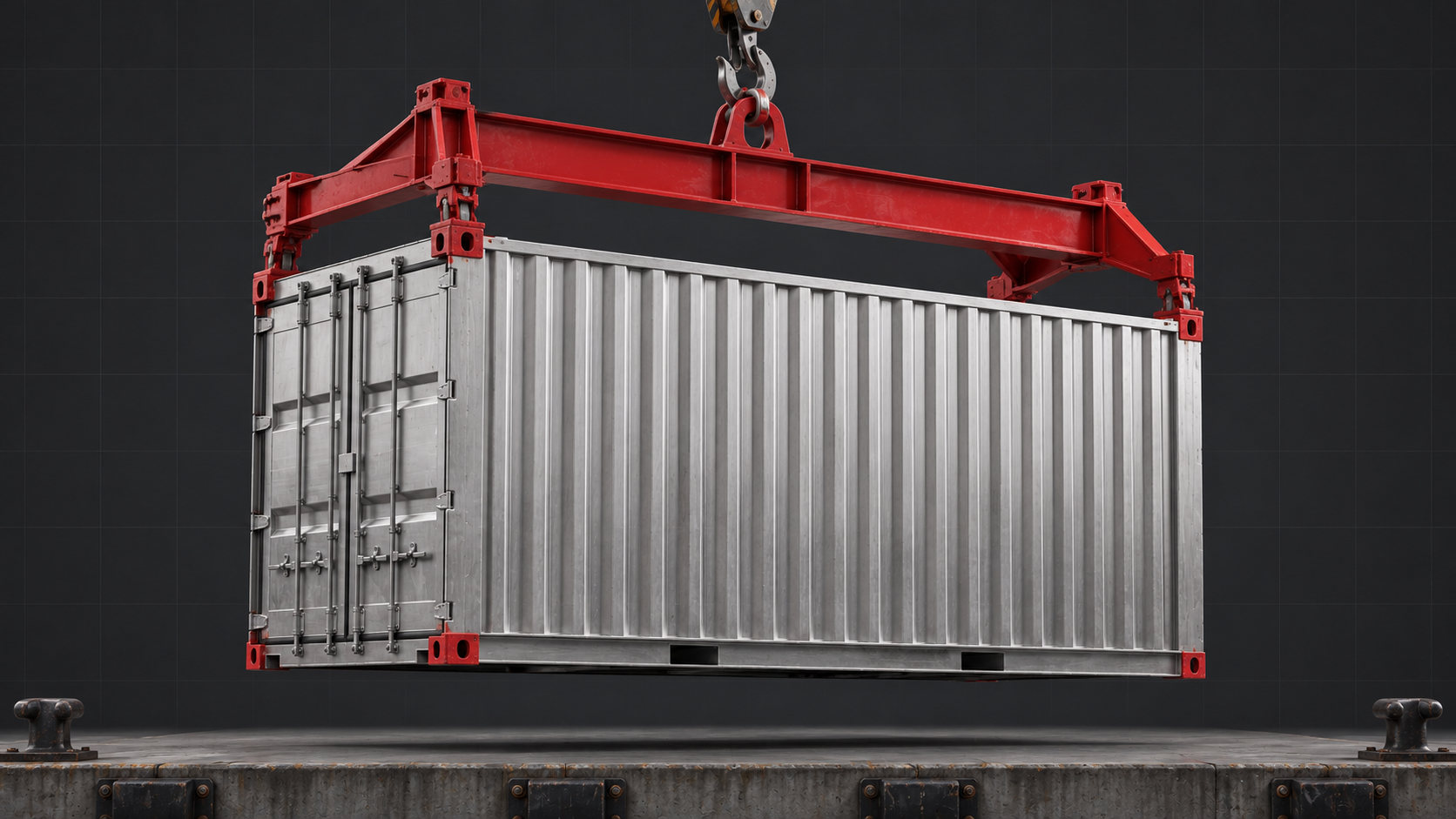 Illustration of a silver shipping container lifted by a red dockside spreader