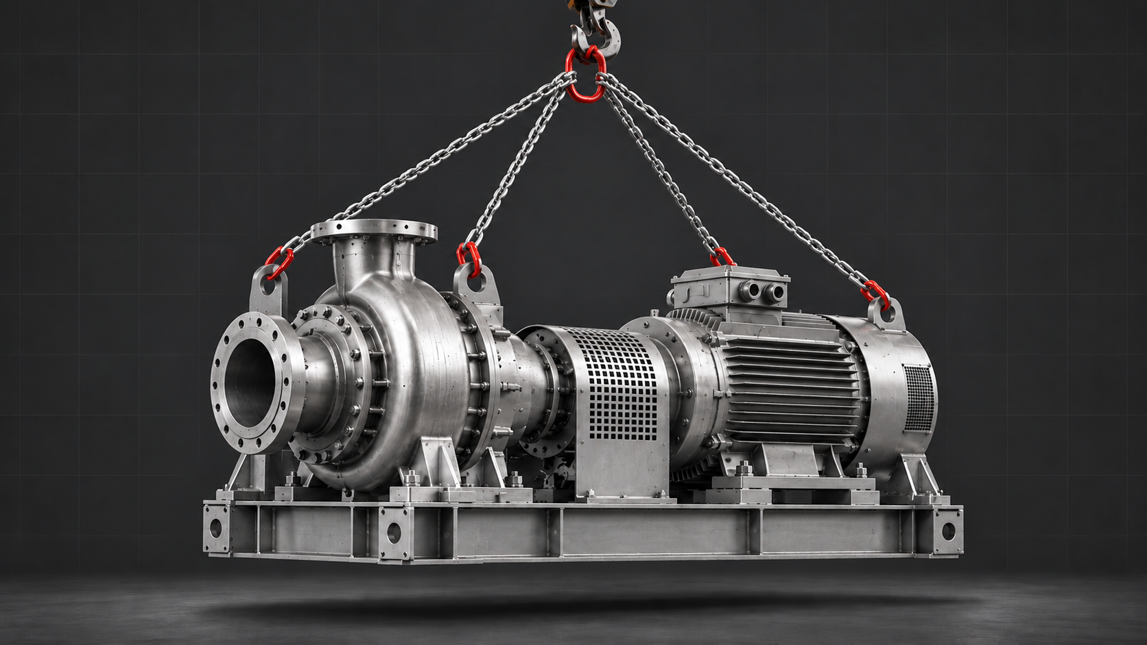 Illustration of a silver pump and motor lifted with slings connected directly to one crane hook