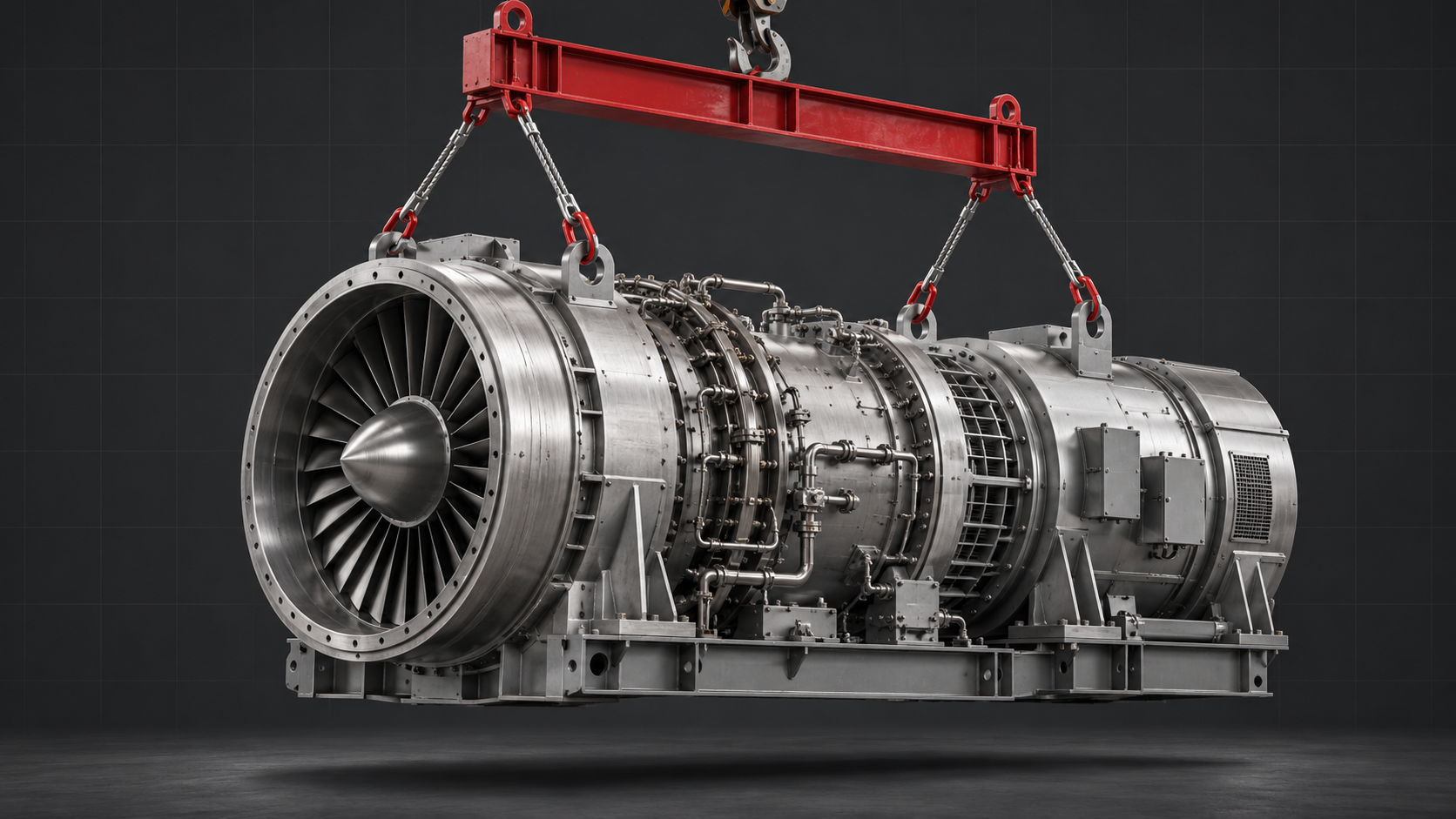 Illustration of a large silver industrial turbine suspended from a red lifting beam