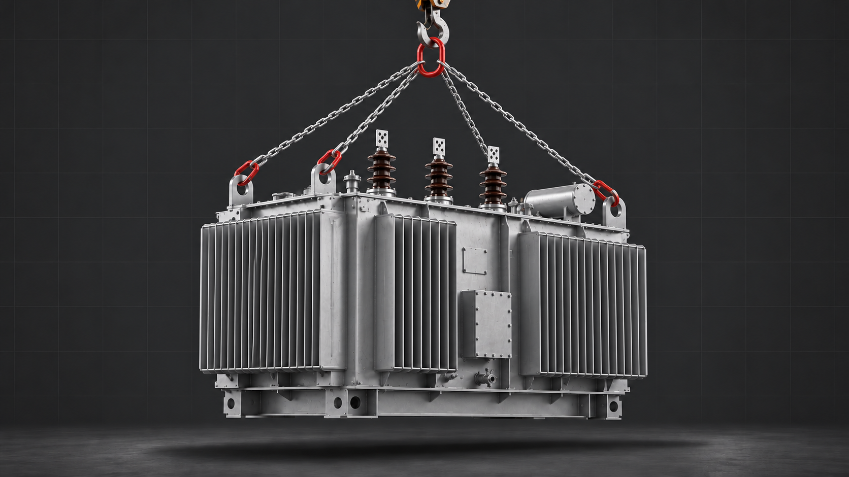 Illustration of a silver electrical transformer lifted with slings connected directly to one crane hook